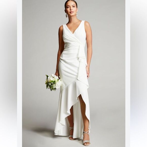 Betsy & Adam CANDACE" LONG V- NECK HI LOW CASCADE DRESS - Picture 1 of 4